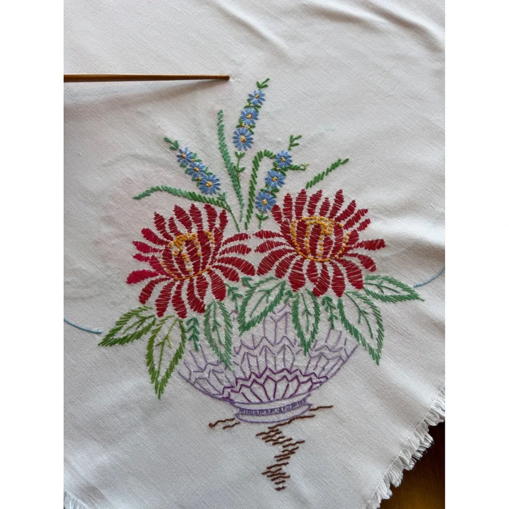 Vintage Embroidered Tablecloth Floral Baskets Fringed 42x50 Cottagecore Folk Art